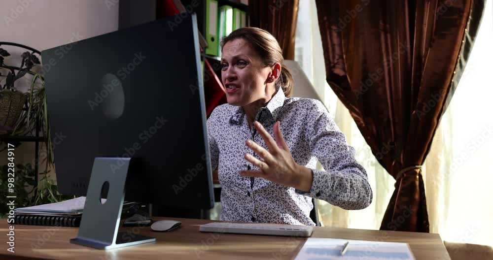 Worried angry businesswoman can not access database on computer. Crazy shocked young woman worker lost job due to broken computer