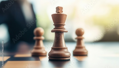 A close-up of a chessboard with a king and two pawns in the foreground
