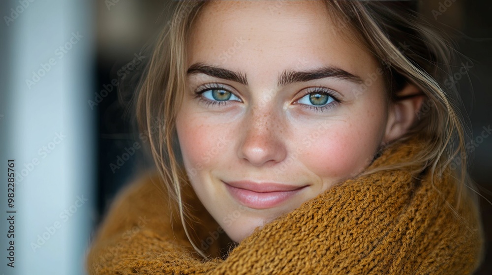 Close-up Portrait of a Woman with Freckles and Blue Eyes Wearing a Brown Knitted Scarf Close-up Portrait of a Woman with Freckles and Blue Eyes Wearing a Brown Knitted Scarf
