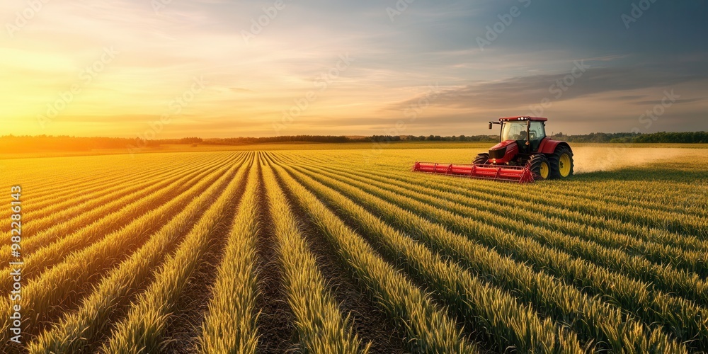 A vibrant agricultural landscape with a tractor working in golden sunlight, showcasing rows of crops and expansive farmland. A vibrant agricultural landscape with a tractor working in golden sunlight, showcasing rows of crops and expansive farmland.
