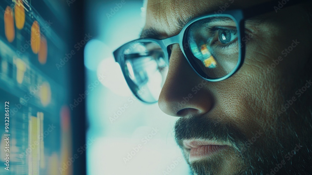 Man in glasses focusing on screen Man in glasses focusing on screen