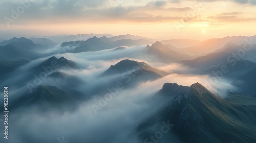 Mountain Peaks Emerging from a Sea of Clouds at Sunset