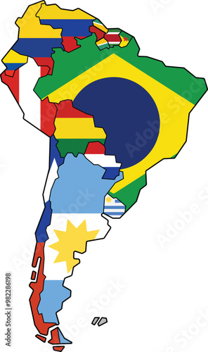 Highlighted detailed blank flat political map of South (Latin) American continent on isolated background