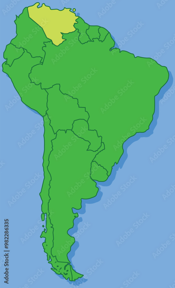 Highlighted map of VENEZUELA inside detailed blank flat political map of South (Latin) American continent on isolated background Highlighted map of VENEZUELA inside detailed blank flat political map of South (Latin) American continent on isolated background