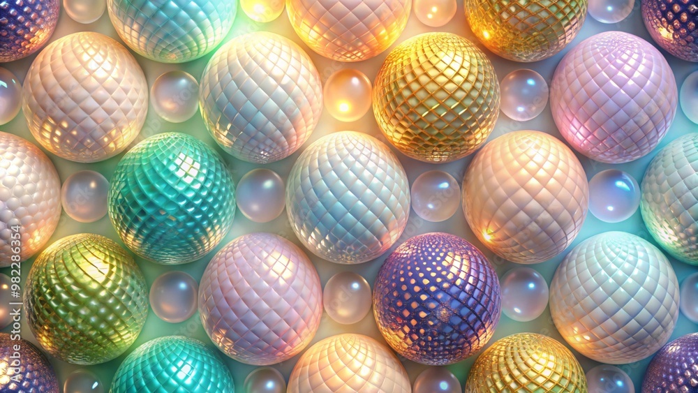 Colorful textured spheres with iridescent glow in abstract geometric composition Colorful textured spheres with iridescent glow in abstract geometric composition