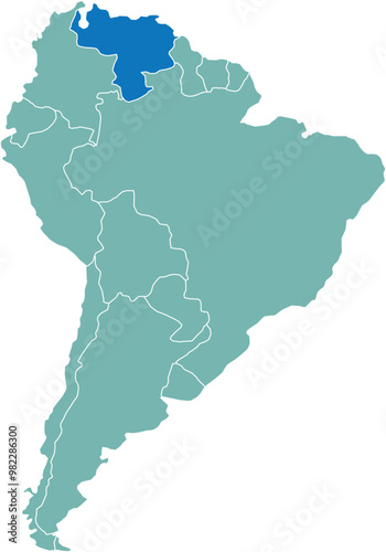 Highlighted map of VENEZUELA inside detailed blank flat political map of South (Latin) American continent on isolated background