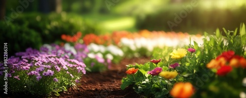 Bright and colorful flower garden pathway bathed in sunlight, showcasing vibrant blooms and a serene natural atmosphere.