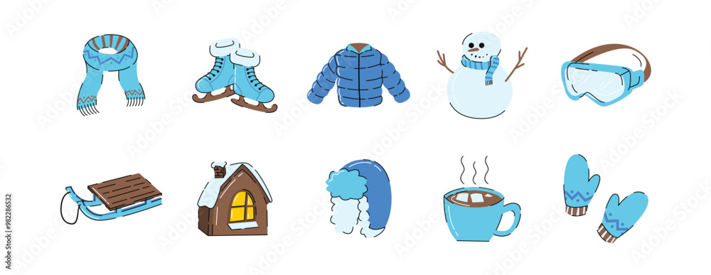 Naklejka premium Winter Essentials and Activities in Cartoon Style, Winter Vector Set