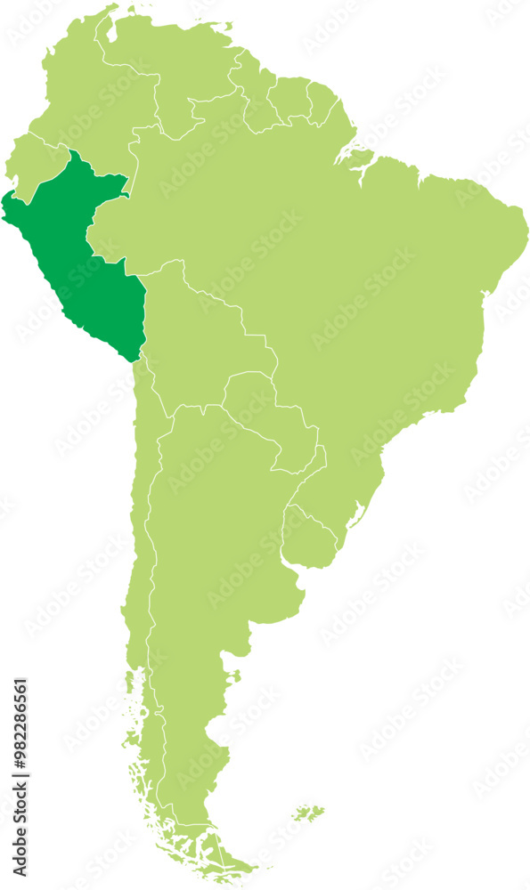 Highlighted map of PERU inside detailed blank flat political map of South (Latin) American continent on isolated background Highlighted map of PERU inside detailed blank flat political map of South (Latin) American continent on isolated background