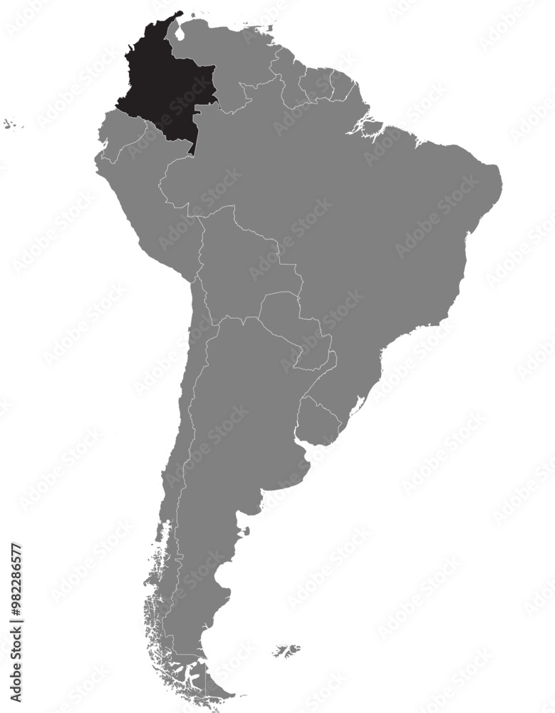 Highlighted map of COLOMBIA inside detailed blank flat political map of South (Latin) American continent on isolated background Highlighted map of COLOMBIA inside detailed blank flat political map of South (Latin) American continent on isolated background