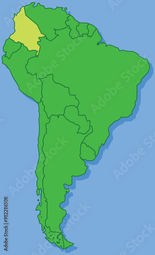 Highlighted map of COLOMBIA inside detailed blank flat political map of South (Latin) American continent on isolated background