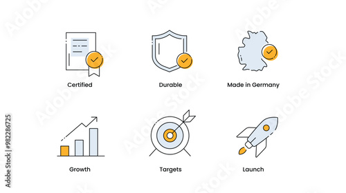 Premium Quality Icons. Growth and Targets Graphics. Launch, Certification, and Customized Solutions. Vector Editable Stroke Icons.