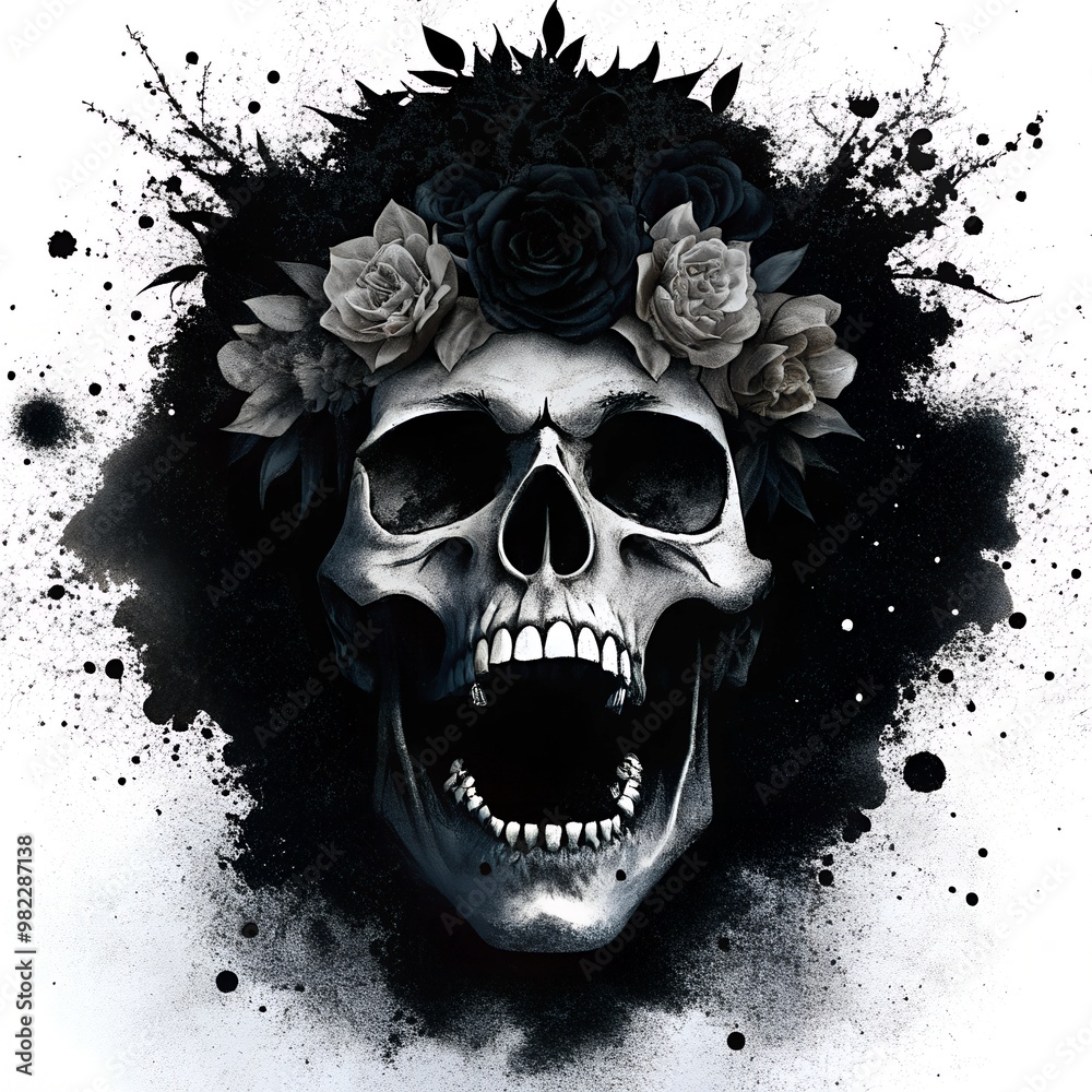 Fototapeta premium human skull with an open evil jaw, in a black gloomy style, watercolor style, on a white background