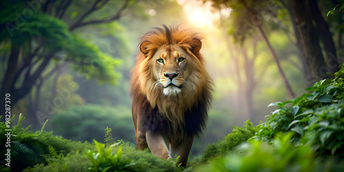 Fototapeta Naklejka Na Ścianę i Meble -  Majestic lion roaming in lush forest habitat, lion, wild, predator, nature, carnivore, mane, trees, foliage, wilderness