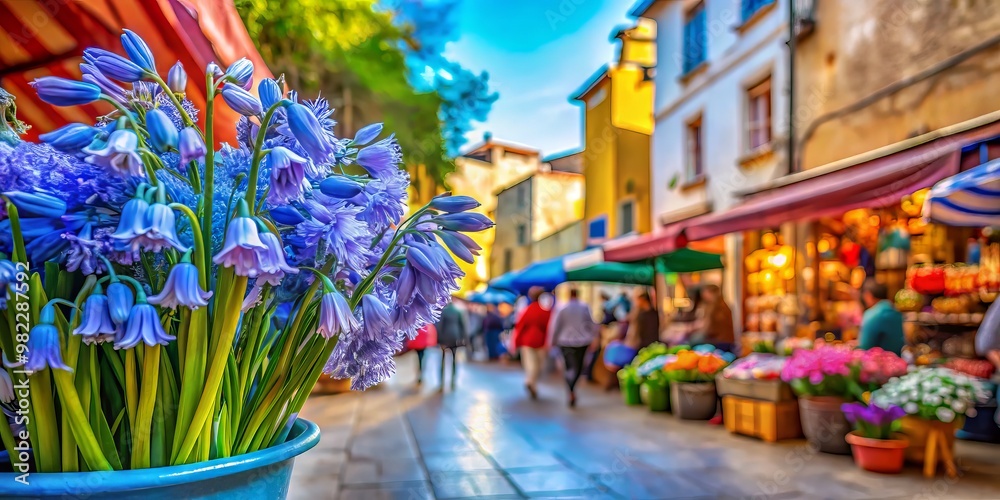 Fototapeta premium Vibrant Spanish bluebells stand tall against a worn canvas, surrounded by a bustling street market where vendors peddle