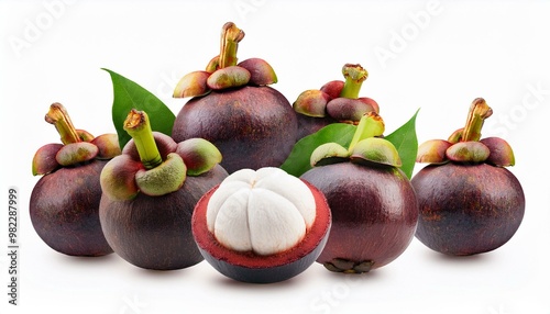 mangosteen fruit, many angles view side top front group slice cut on white isolated background