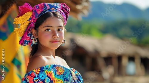 Vibrant Salvadoran Teenager in Indigenous Attire Against Traditional Village Backdrop - Full-Body Pose with Colorful Patterns