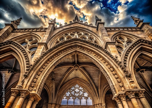 Romanesque arches with pointed vaults and ribbed vaults adorn a stone façade, intricate carvings and ornate decorations within soaring gothic architecture against a dramatic cloudy sky