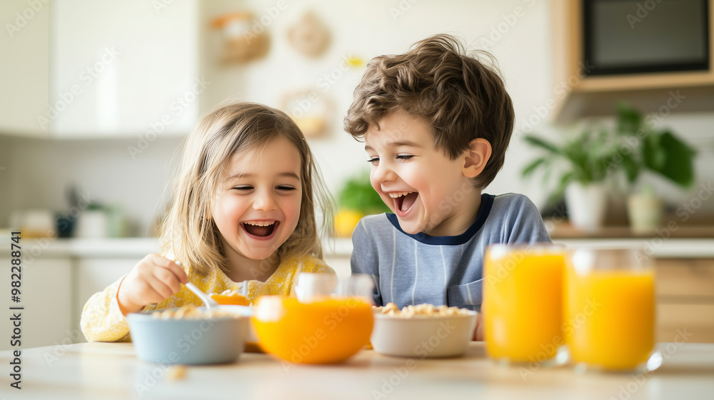 Siblings having fun while eating breakfast in a cozy kitchen. Their playful interactions add a lively and cheerful mood to the scene, with orange juice and cereal bowls in the fore Siblings having fun while eating breakfast in a cozy kitchen. Their playful interactions add a lively and cheerful mood to the scene, with orange juice and cereal bowls in the fore