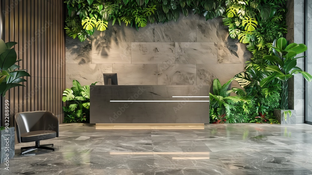 Modern Reception Desk in Elegant Contemporary Office Lobby with Green Plants and Marble Flooring Modern Reception Desk in Elegant Contemporary Office Lobby with Green Plants and Marble Flooring