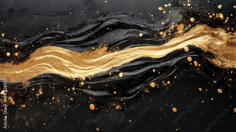 Abstract Black and Gold Swirling Liquid with Scattered Metallic Dots Abstract Black and Gold Swirling Liquid with Scattered Metallic Dots