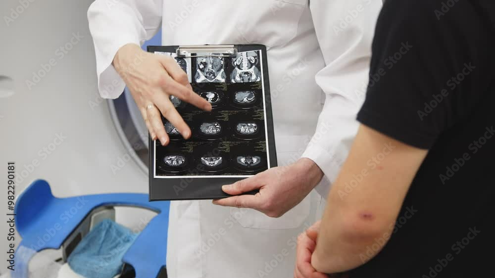 A dedicated doctor completes an MRI examination while engaging with a patient. This image showcases professionalism and compassion in healthcare—ideal for medical ads highlighting advanced technology. A dedicated doctor completes an MRI examination while engaging with a patient. This image showcases professionalism and compassion in healthcare—ideal for medical ads highlighting advanced technology.