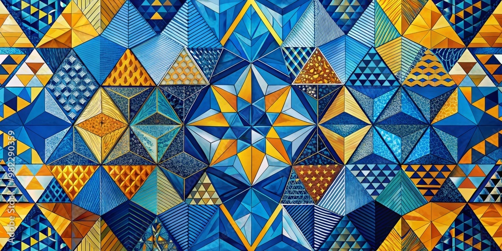 Fototapeta premium Swirling patterns of triangles, hexagons, and chevrons in shades of blue, yellow, and orange, forming a mesmerizing geometric abstract composition.