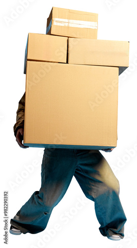 Balancing towering stack of boxes, only person's legs visible against transparent background. Shopping online. Concept of Black Friday, Cyber Monday, fashion, Flash Sale. Ad