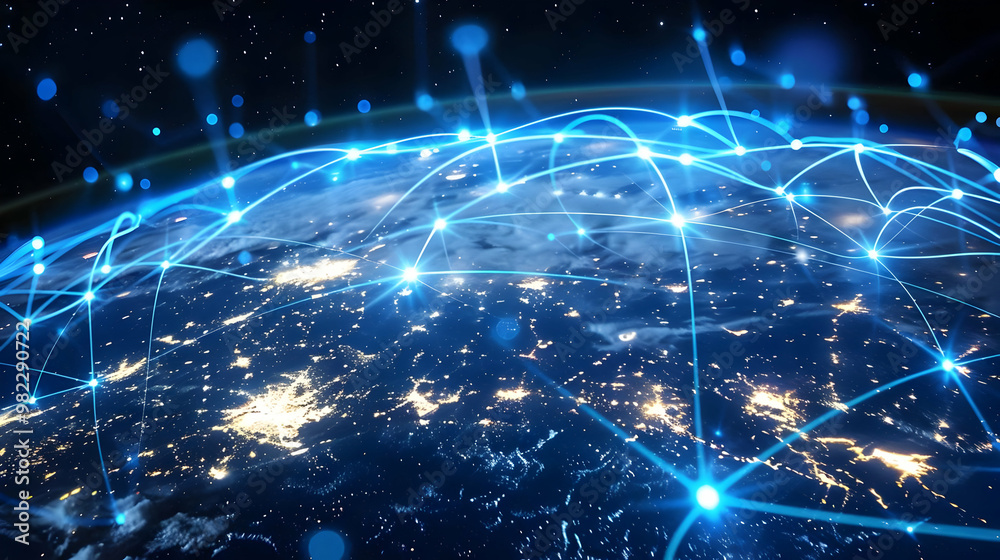 Obraz premium A Digital Network Illustration Depicting a Blue, Illuminated Earth with Glowing Connections Against a Starry Background, Representing Global Connectivity and Communication