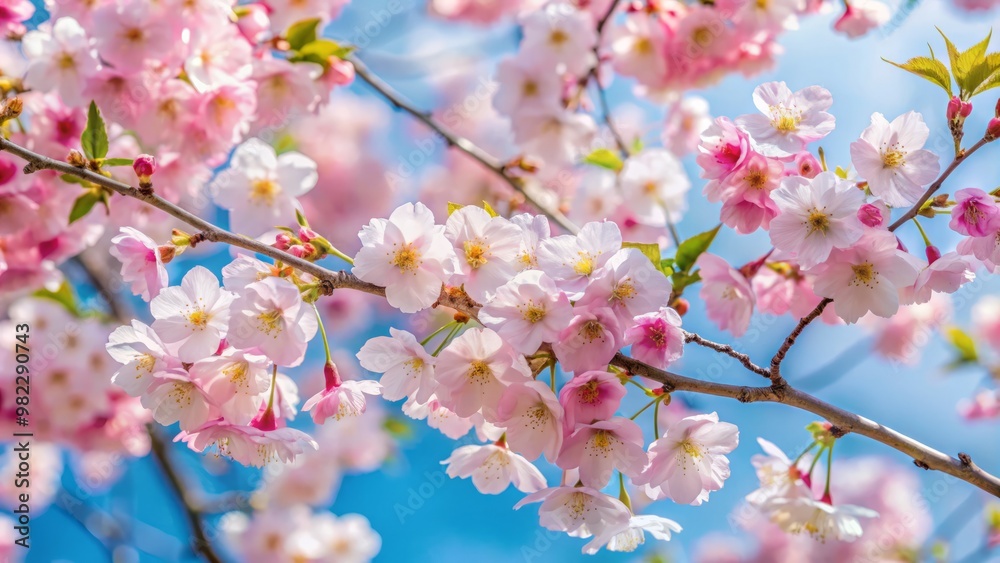 Fototapeta premium Delicate pink petals unfurl on wispy tree limbs, suspended against a serene blue expanse, a fleeting beauty in