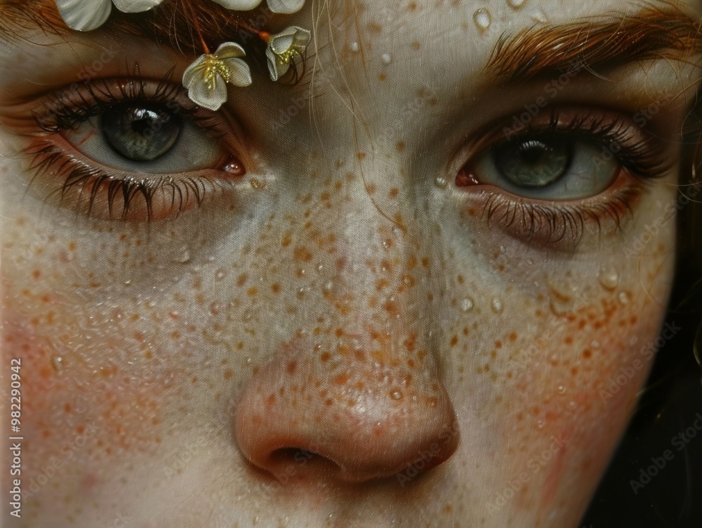 Close-Up Portrait of Woman with Freckles and Flowers Close-Up Portrait of Woman with Freckles and Flowers