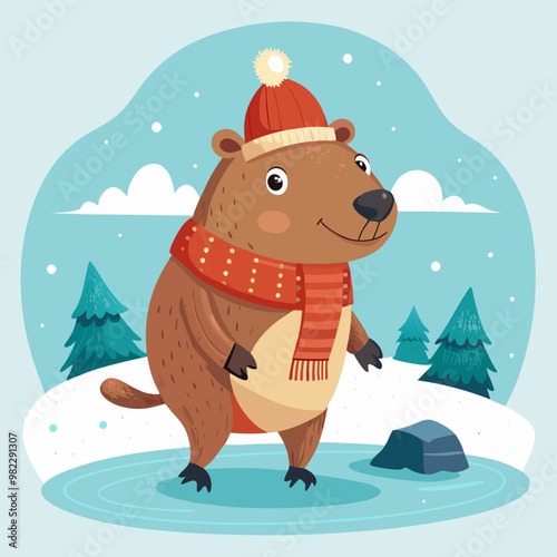 Capybara ice skating in Christmas hand-drawn illustration