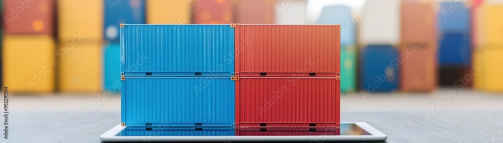 A vibrant display of shipping containers in blue and red colors, symbolizing global trade and transportation. A vibrant display of shipping containers in blue and red colors, symbolizing global trade and transportation.