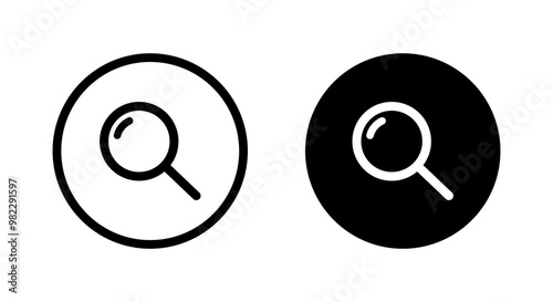 Search, magnifying glass icon on black circle. Magnifier, loupe sign symbol