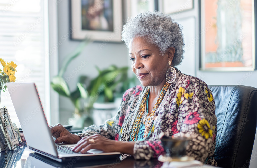 Mature woman working from home. Senior professional using laptop in cozy home office with natural light. Active aging and technology. Mature woman working from home. Senior professional using laptop in cozy home office with natural light. Active aging and technology.
