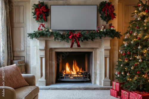 Cozy Christmas atmosphere with a fireplace, TV, and decorated tree featuring warm lights and holiday gifts