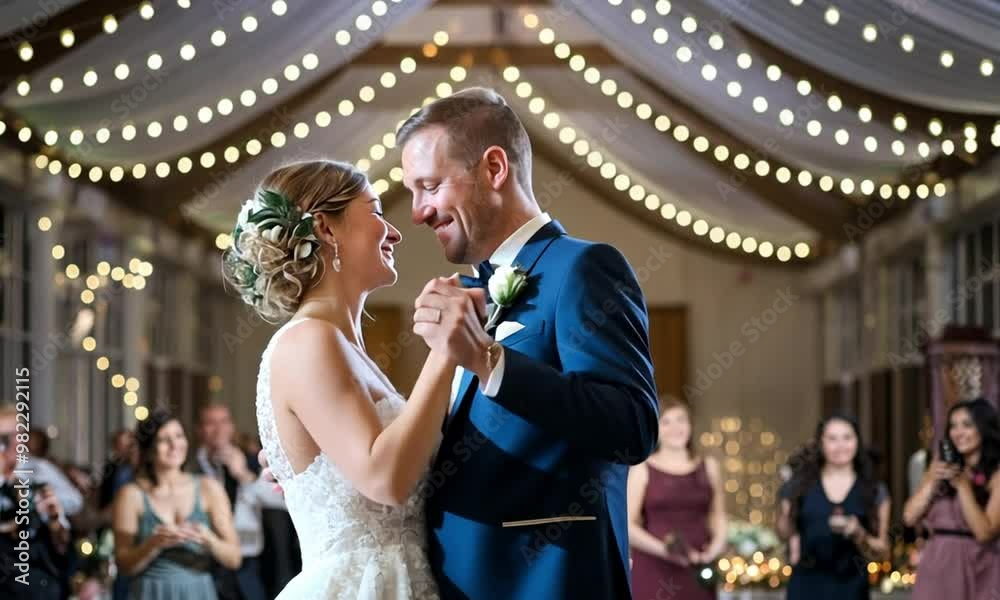 Wedding Bliss: A mid-shot of a bride and groom during their first dance ...