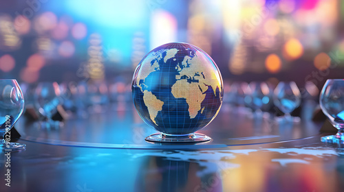 A glowing globe, symbolizing global unity and interconnectedness, surrounded by glasses, reflecting the world's diverse cultures