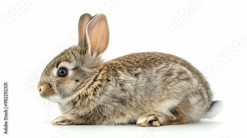 A Close-Up Photograph of a Small, Brown Bunny Lying on a White Background with its Head Turned to the Side, Showing its Soft Fur and Long Whiskers