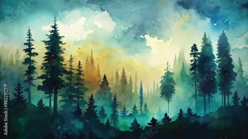 Watercolor Silhouette of a Forest