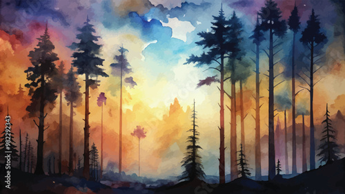 Watercolor Silhouette of a Forest
