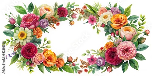 Elegant floral wreath frame incorporates vibrant blooms and lush greenery, adding a touch of sophistication to