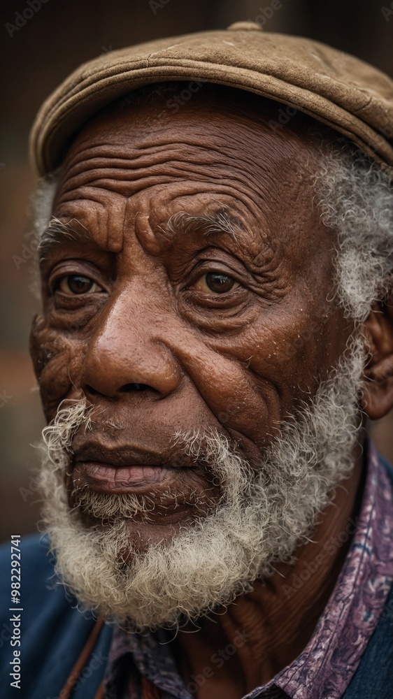 Elderly African man with weathered, wrinkled face, gray beard, and intense gaze Elderly African man with weathered, wrinkled face, gray beard, and intense gaze