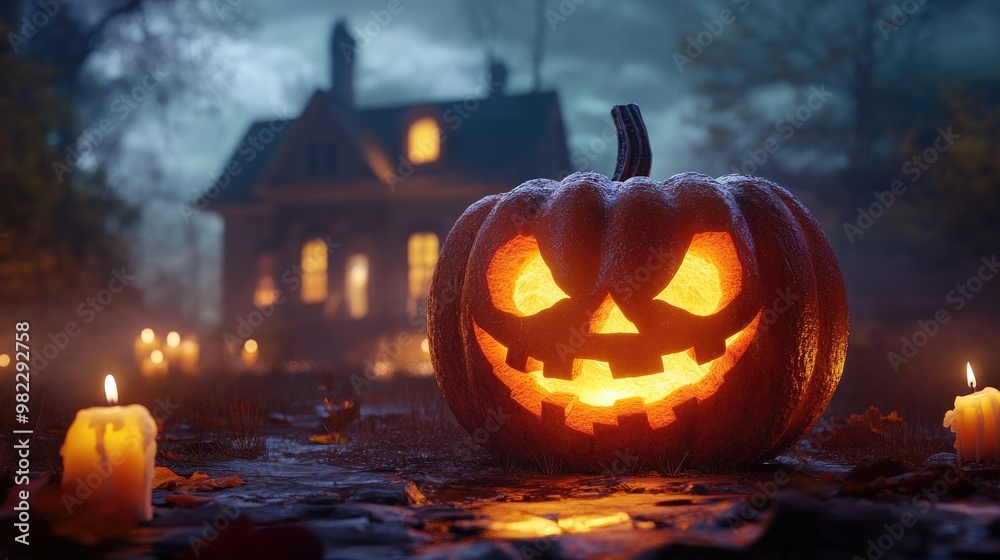 Halloween pumpkin with candlelight in front of a haunted house background, Halloween pumpkin with candlelight in front of a haunted house background,