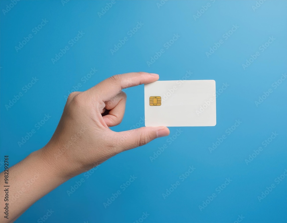 A hand holding a blank white smart card with a visible chip against a solid blue background. A hand holding a blank white smart card with a visible chip against a solid blue background.