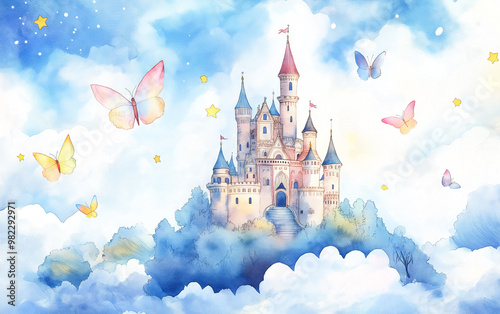 Watercolor illustration of fantasy castle over colorful background. photo