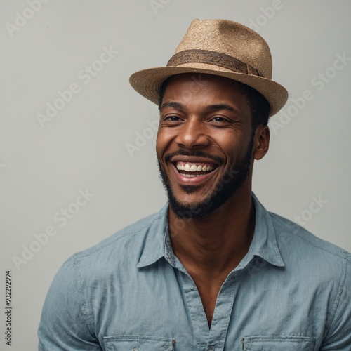 Smiling middle-aged Black man with short dark hair wearing tan fedora hat and light blue button-up shirt against plain gray background