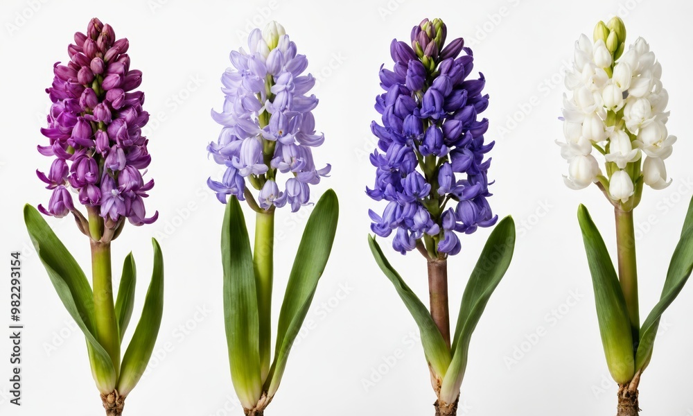 Naklejka premium Four hyacinth flowers in different colors on a white background
