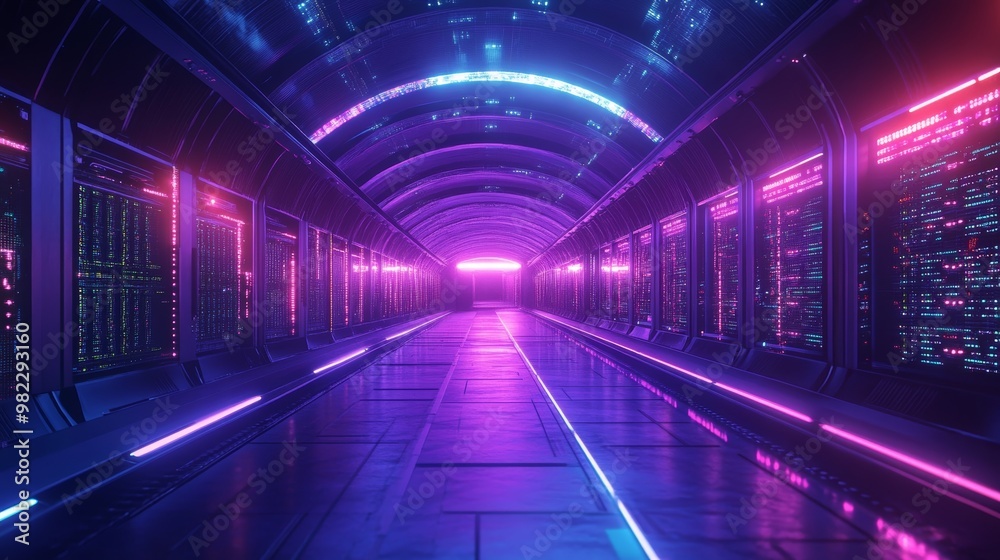 A circular server room with interconnected machines, glowing with digital data streams, sleek futuristic design, Blue and Purple, Sci-Fi, 3D Illustration A circular server room with interconnected machines, glowing with digital data streams, sleek futuristic design, Blue and Purple, Sci-Fi, 3D Illustration