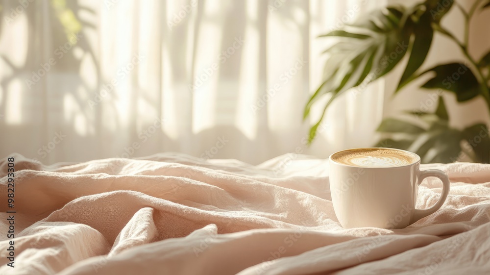 Cozy bed with cup of latte in morning sunlight next to plants Cozy bed with cup of latte in morning sunlight next to plants